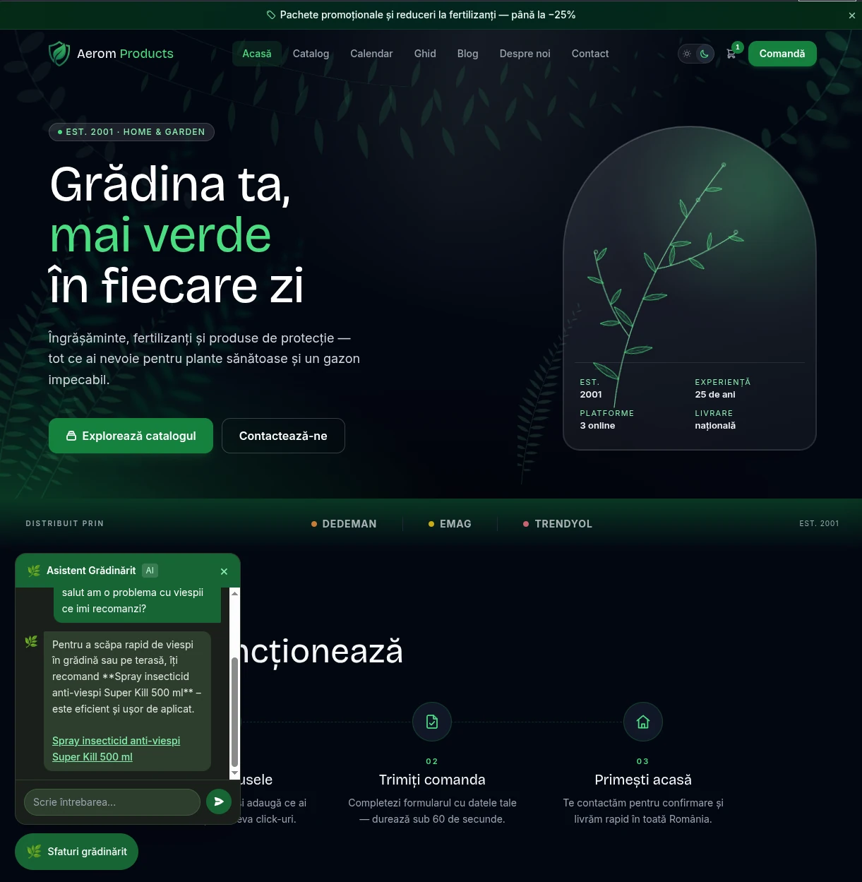 Prima pagină Aerom cu asistentul deschis: la o întrebare despre viespi, recomandă un spray din catalog, cu link spre produs