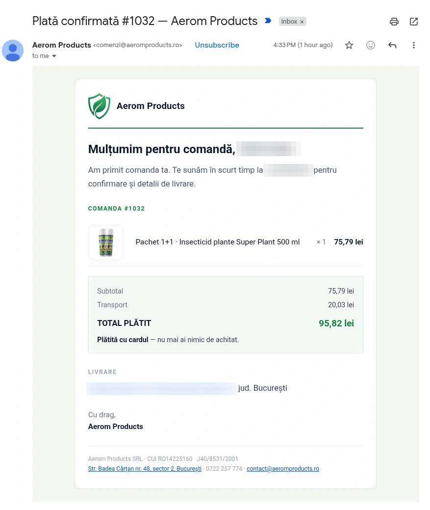 Mailul de confirmare primit de client: comanda, transportul și totalul plătit cu cardul