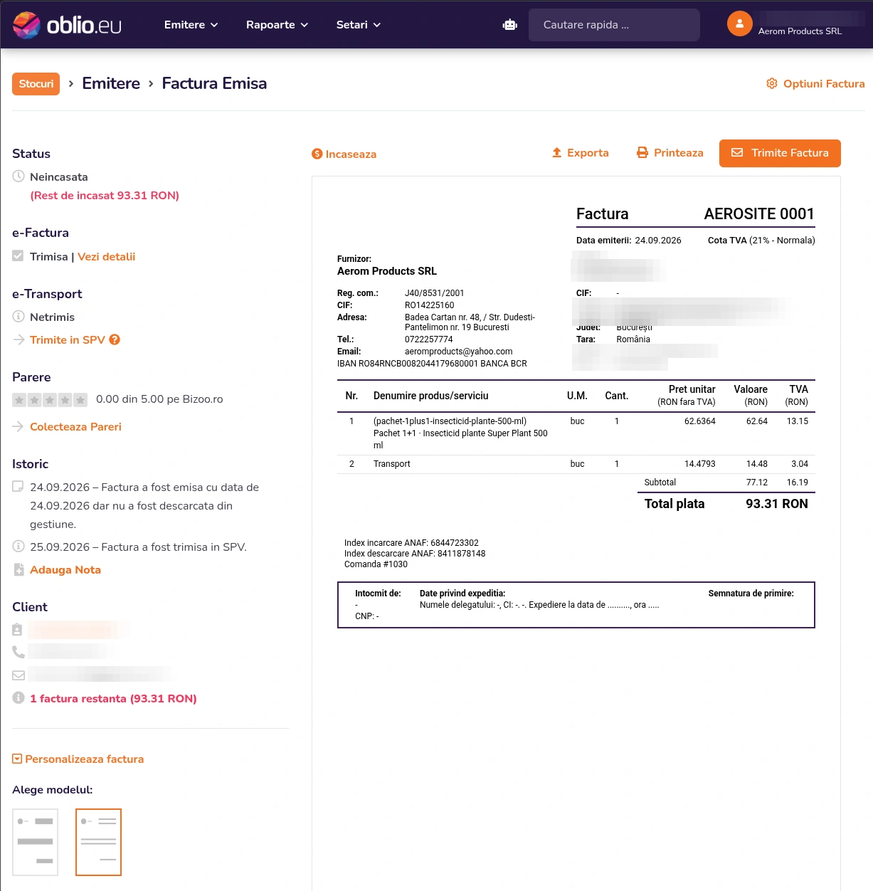 O factură emisă în Oblio pentru o comandă de pe site, cu starea e-Factura «Trimisă» și istoricul trimiterii în SPV