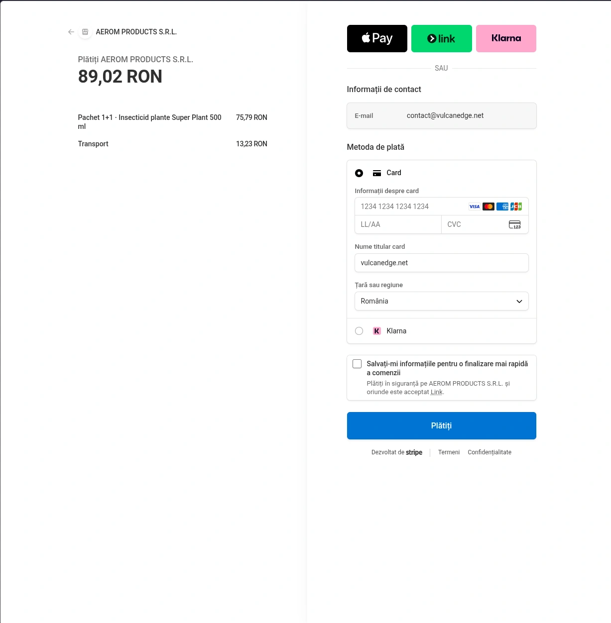 Pagina de plată Stripe pentru Aerom Products: 89,02 RON, cu Apple Pay, Link, Klarna și card