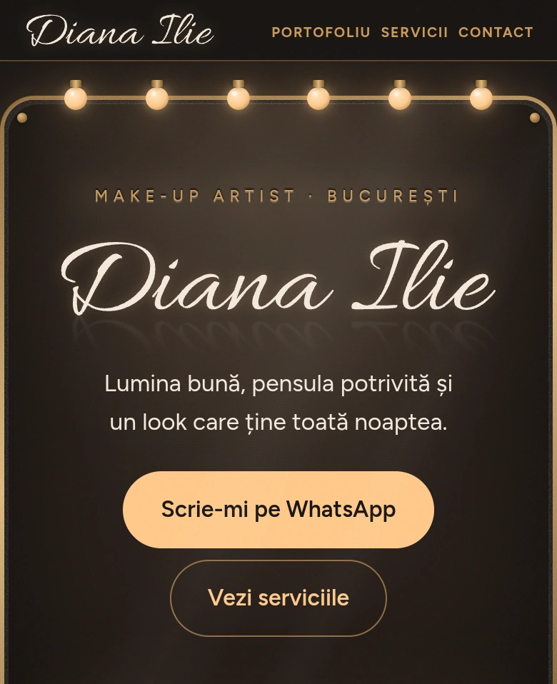 The home page on a phone: the mirror, her name and the WhatsApp button