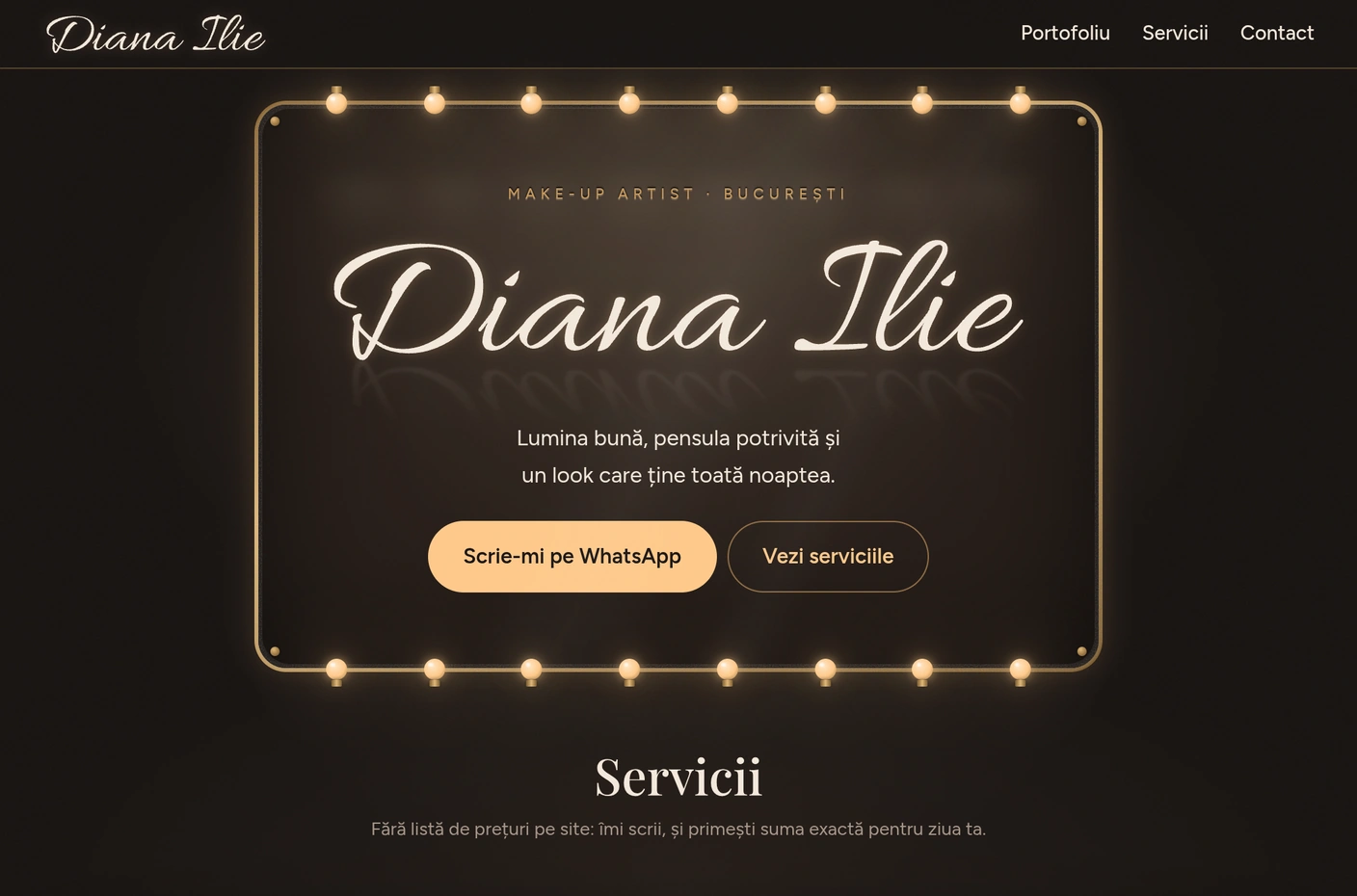 The diana-makeup.ro home page: a make-up mirror with its bulbs lit and her handwritten name