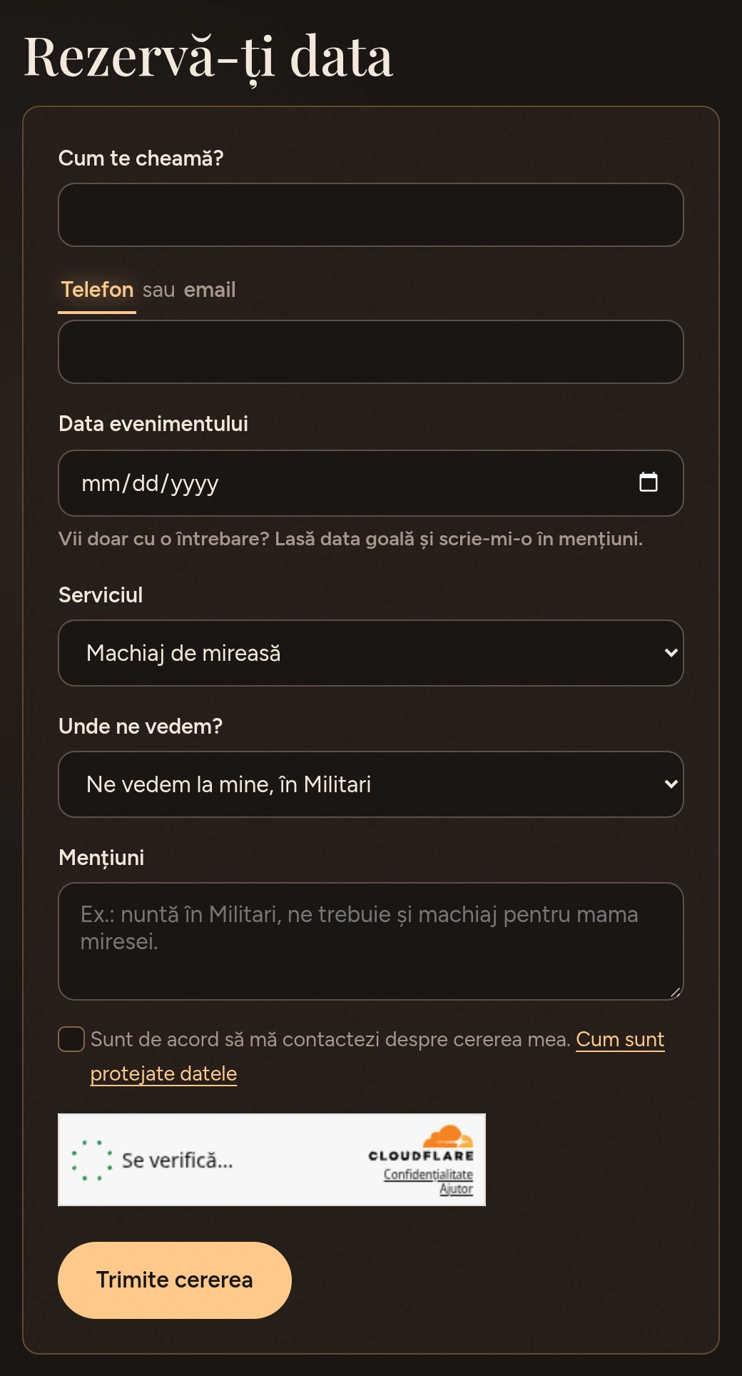 The form on a phone, opened from the «Book your date» button, with the service already picked