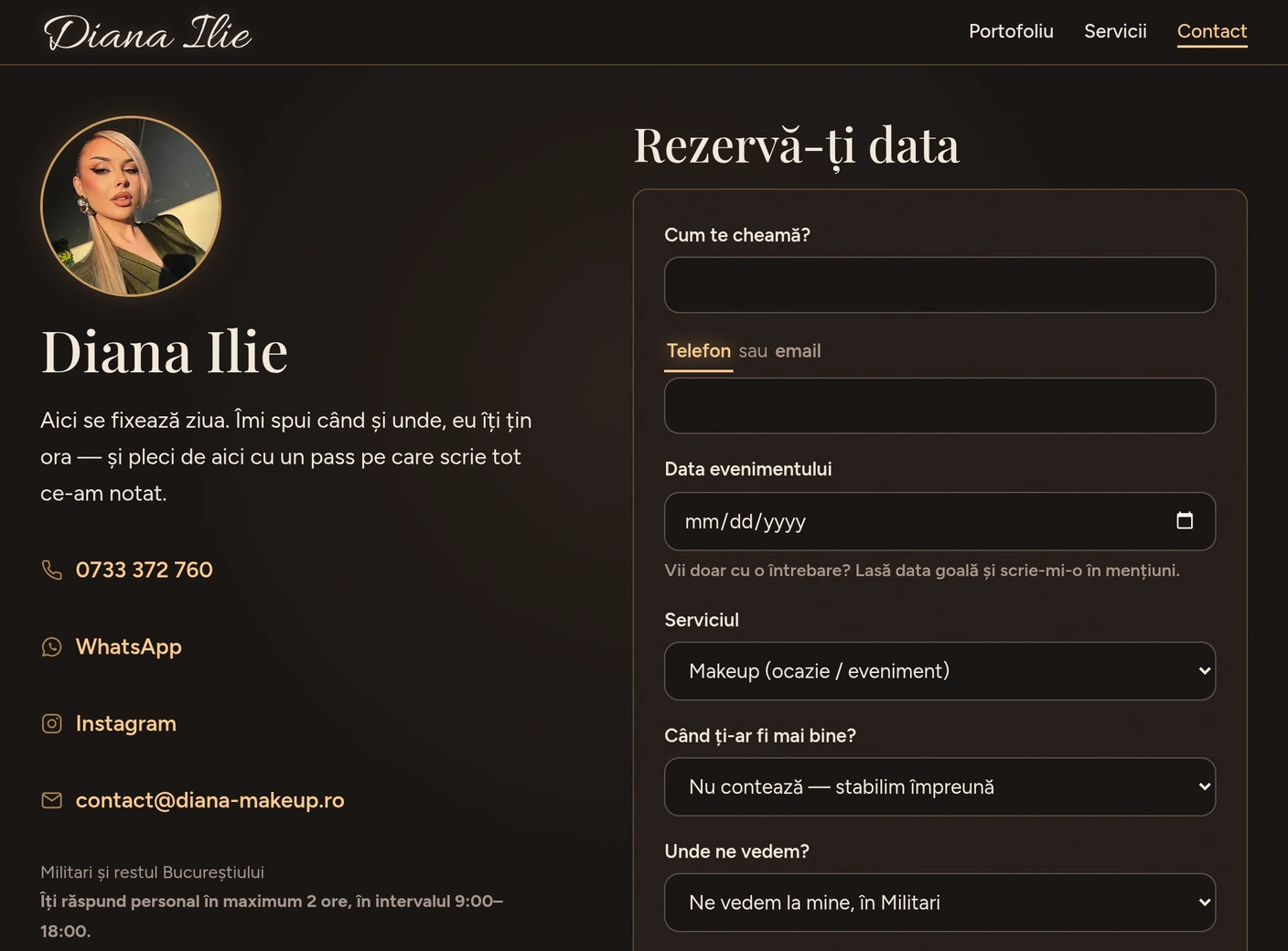 The booking form: service, event date, time slot, location and notes