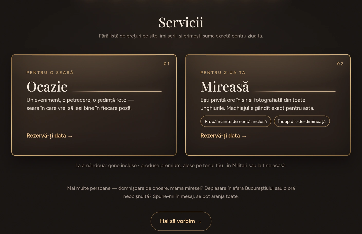 The services as two cards, «Occasion» and «Bride», each with a «Book your date» button