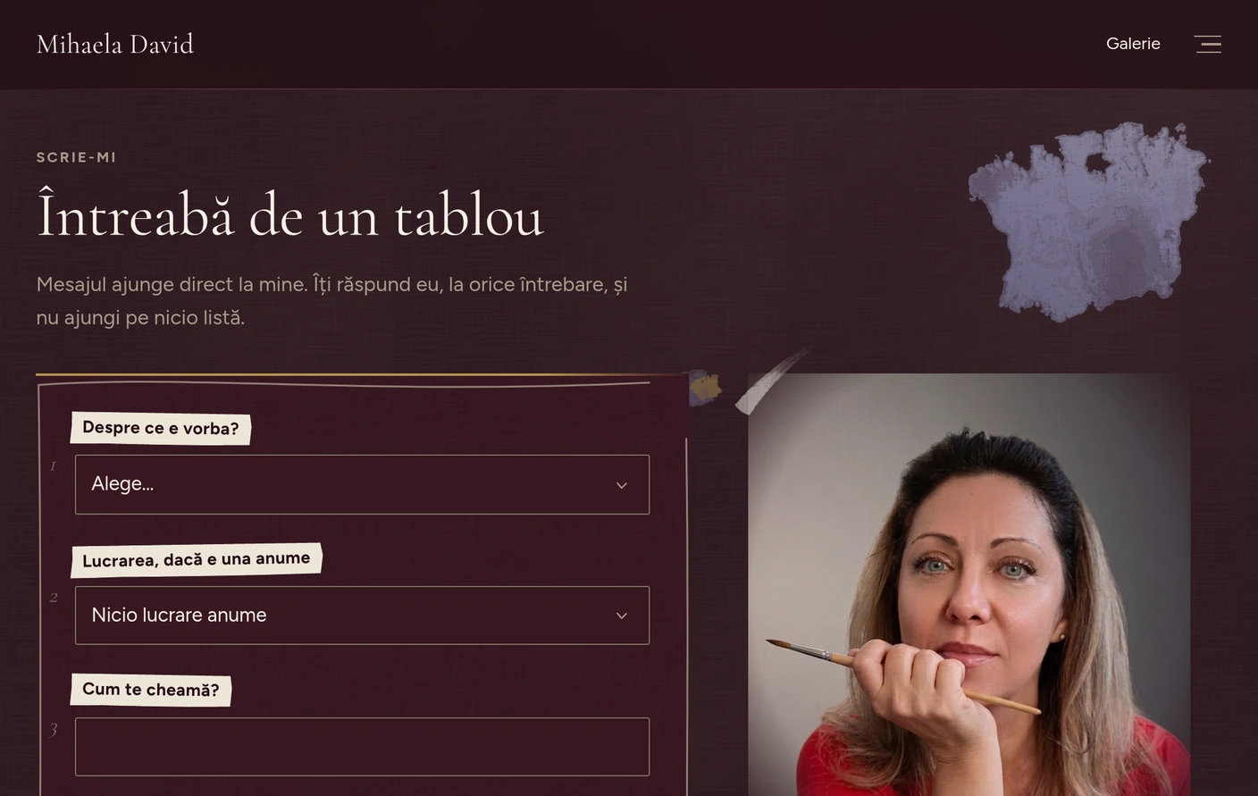 Pagina «Întreabă de un tablou»: formularul de contact lângă portretul pictoriței