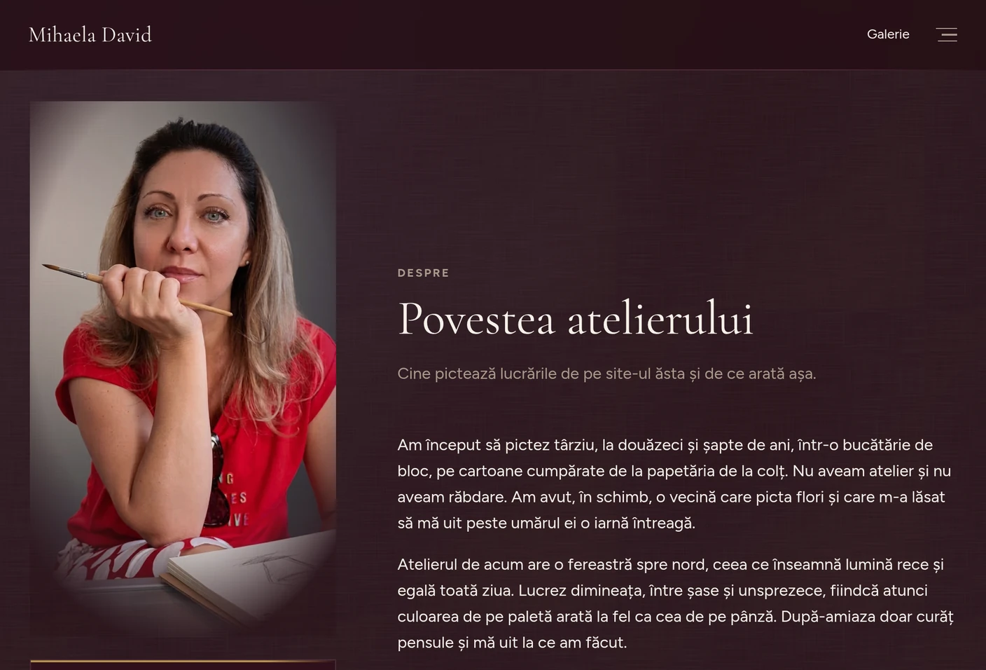 Pagina «Povestea atelierului»: portretul pictoriței și textul despre începuturi