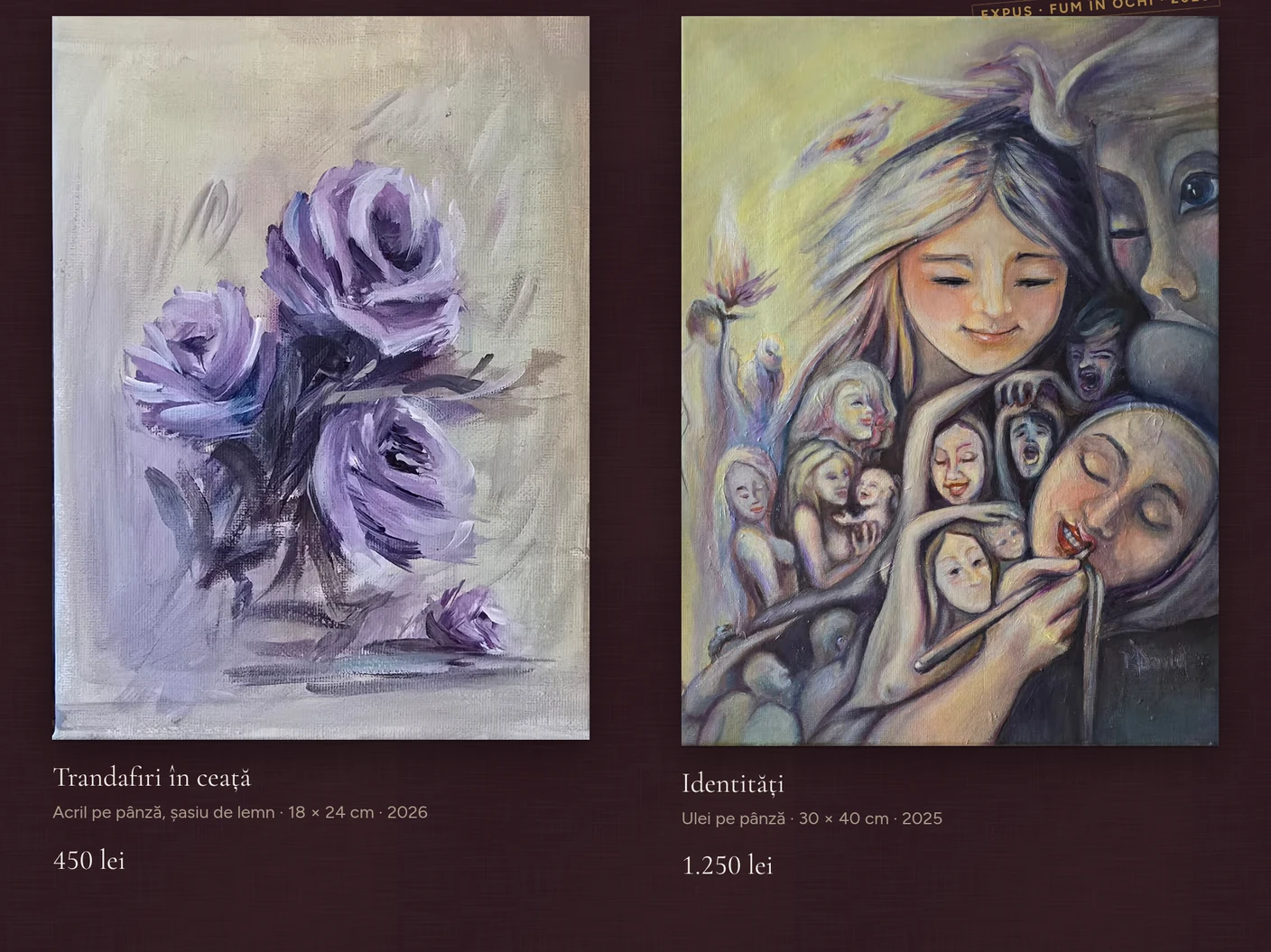 Două tablouri din galerie pe fundalul în tonurile lucrării principale