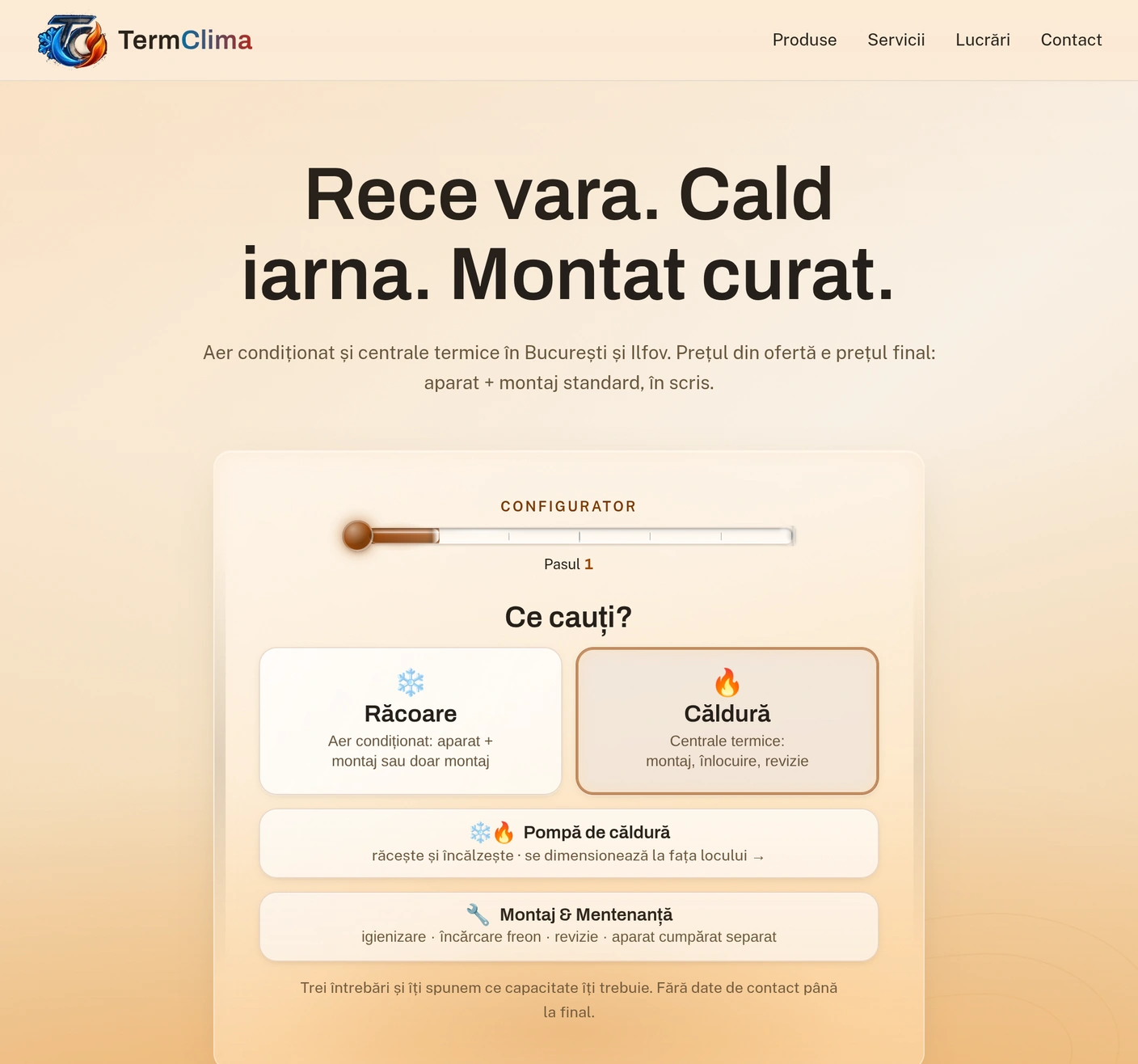 Prima pagină în tema caldă, cu varianta «Căldură» aleasă în configurator