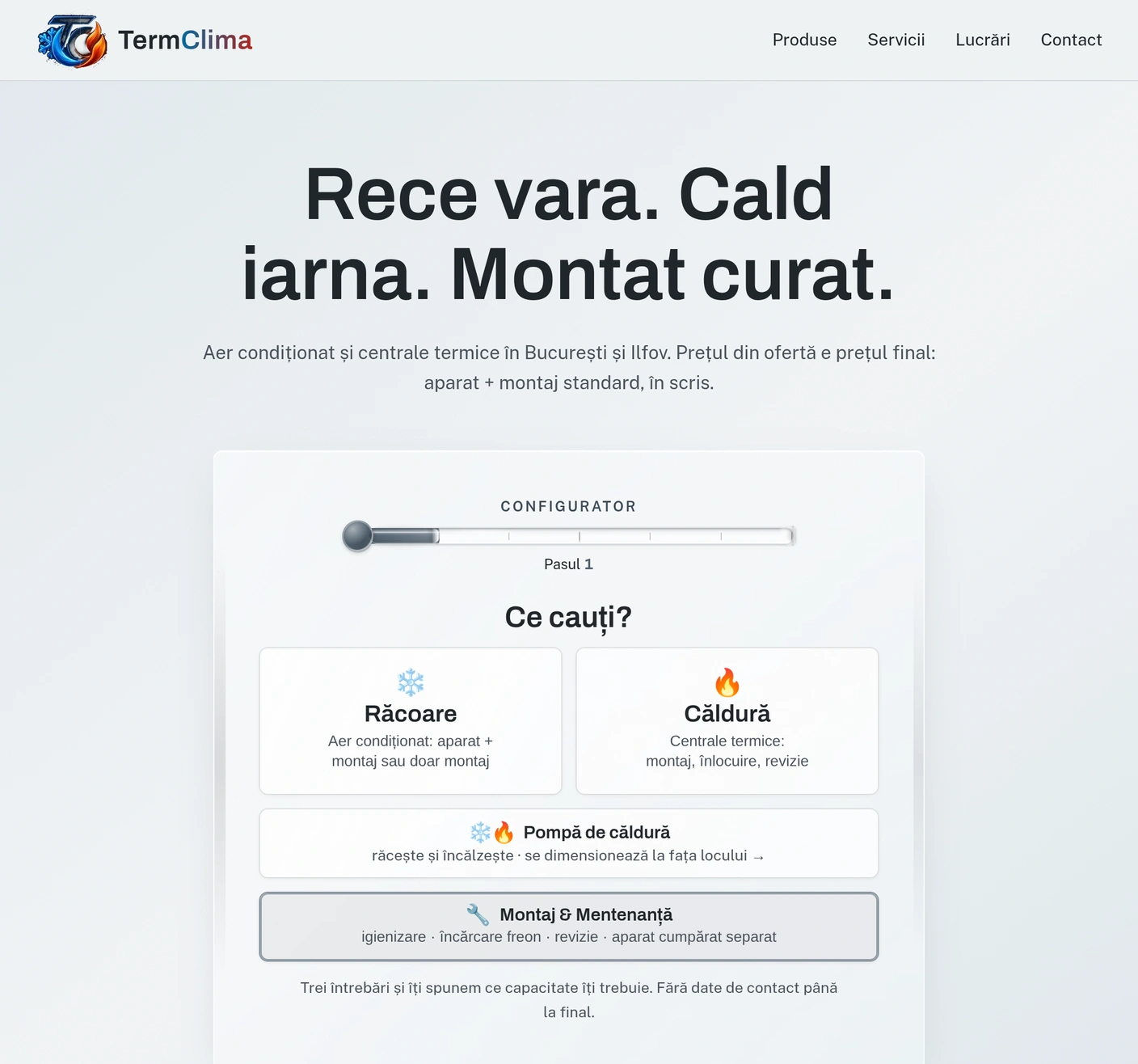 Prima pagină în tema neutră, cu «Montaj și mentenanță» ales în configurator