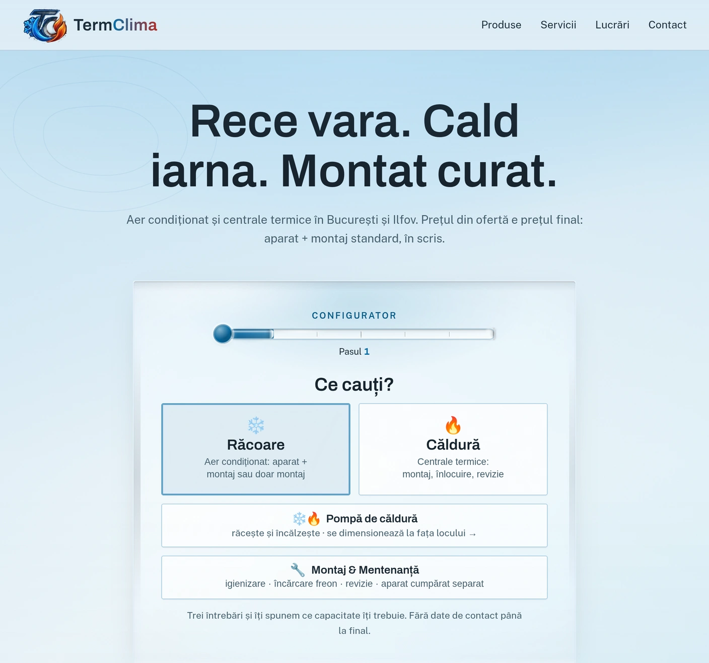 Prima pagină termclima.ro în tema rece: «Rece vara. Cald iarna. Montat curat.» și primul pas al configuratorului