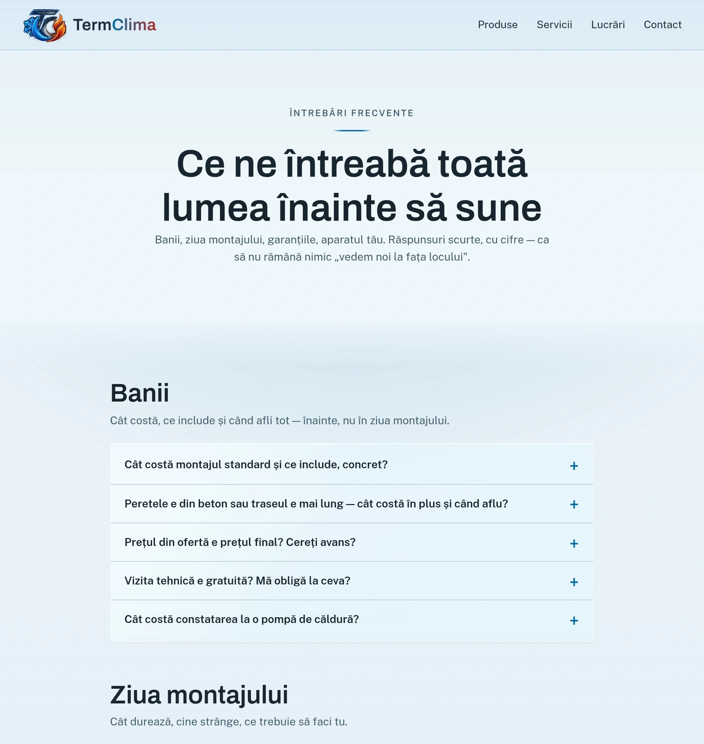 Pagina de întrebări frecvente, grupate pe teme