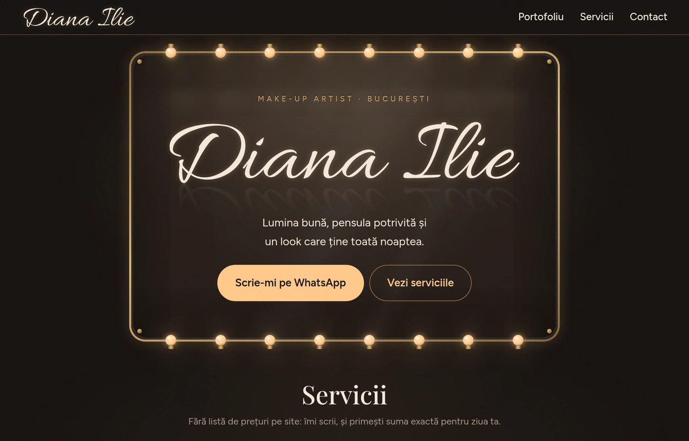 Prima pagină a site-ului Diana Ilie: oglindă de machiaj cu becuri aprinse, numele scris de mână și butoanele de WhatsApp și servicii