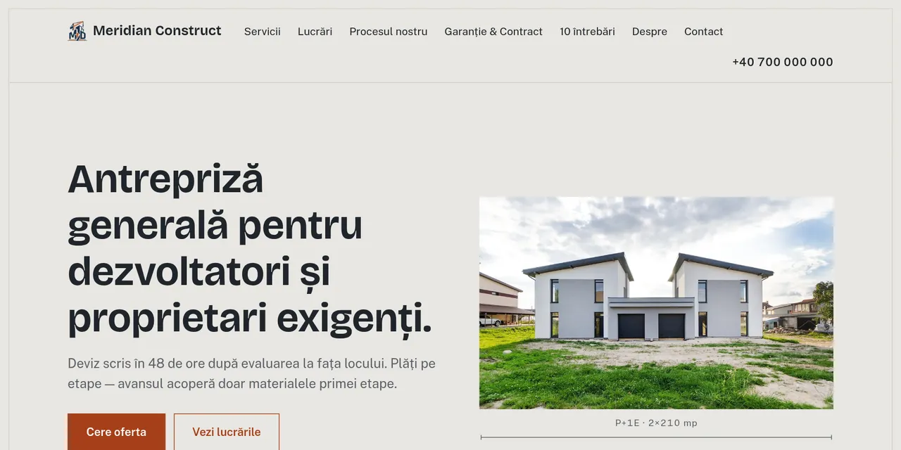 Pagina principală a demo-ului Meridian Construct